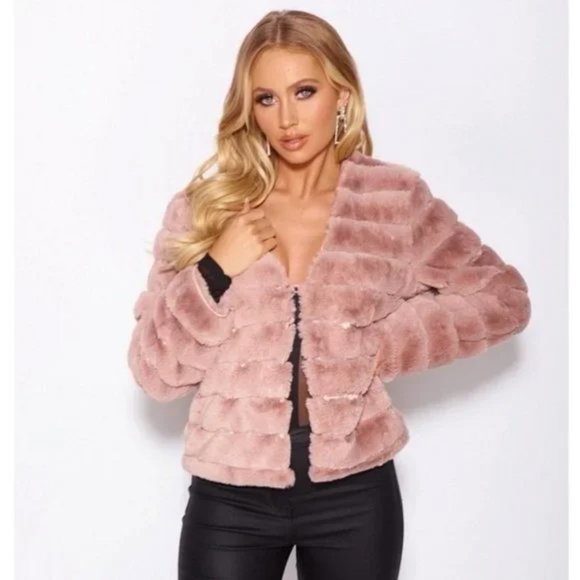 Pink Faux Fur Long Sleeve Collarless Paneled Jacket - Picture 7 of 15